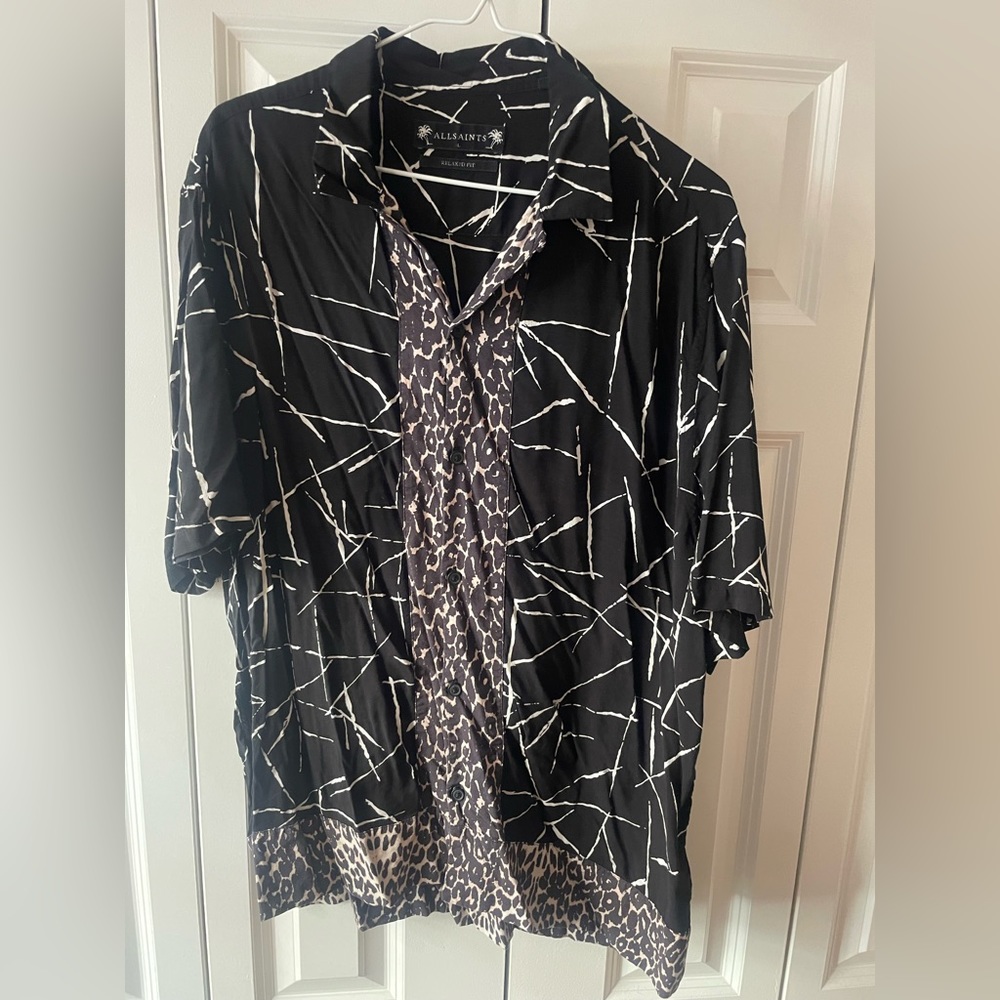 All Saints Geometric Print Leopard Print Casual Button Down Shirt Large